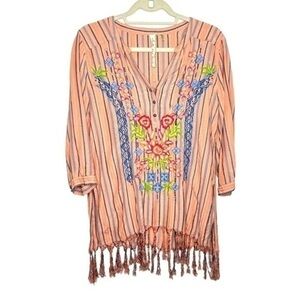 ARATTA Silent Journey Floral Embroidered Fringe Top Size Small